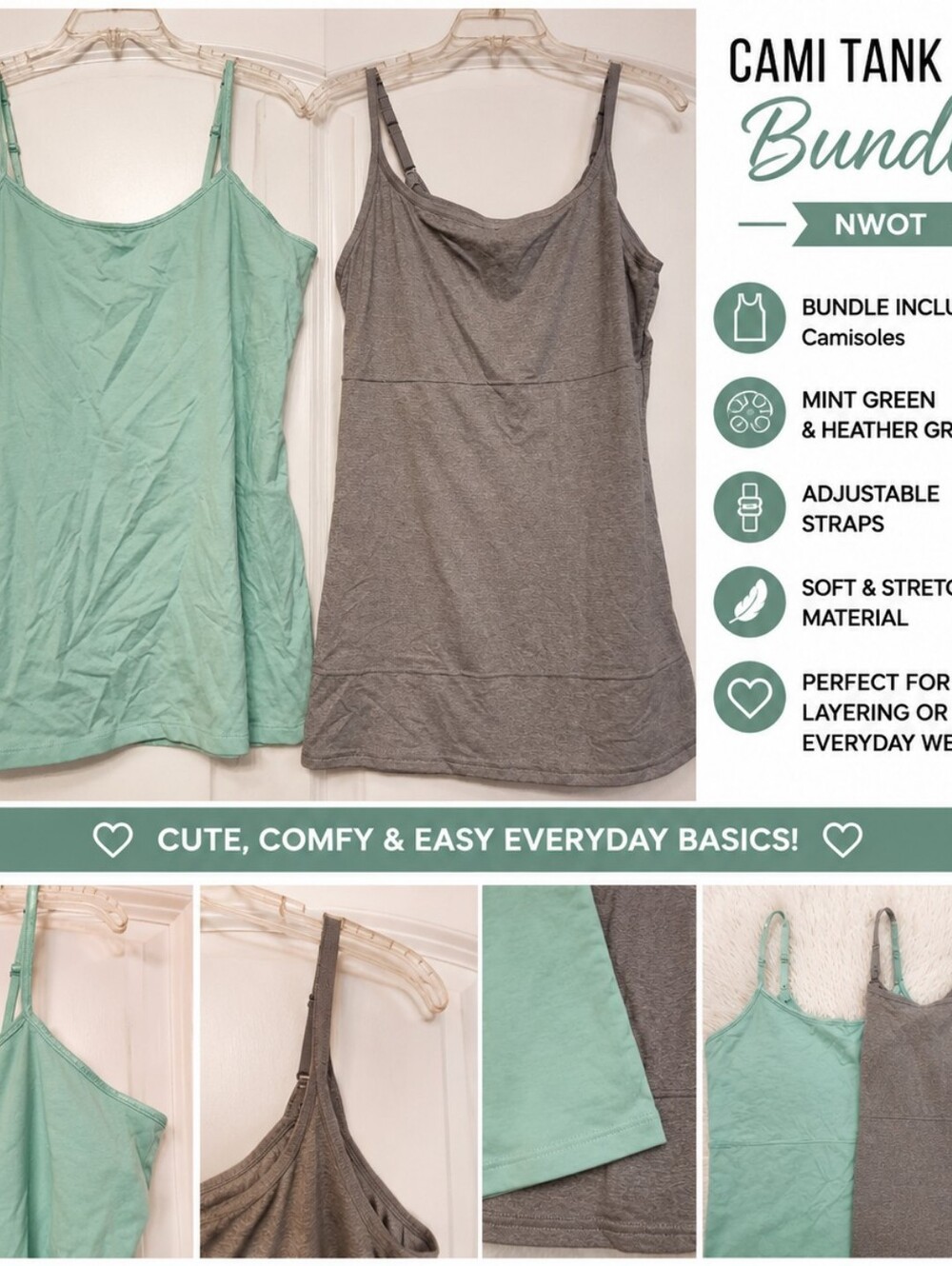 ✨️Cami Tank Top Bundle Gray & Mint Green Adjustable Strap Tops